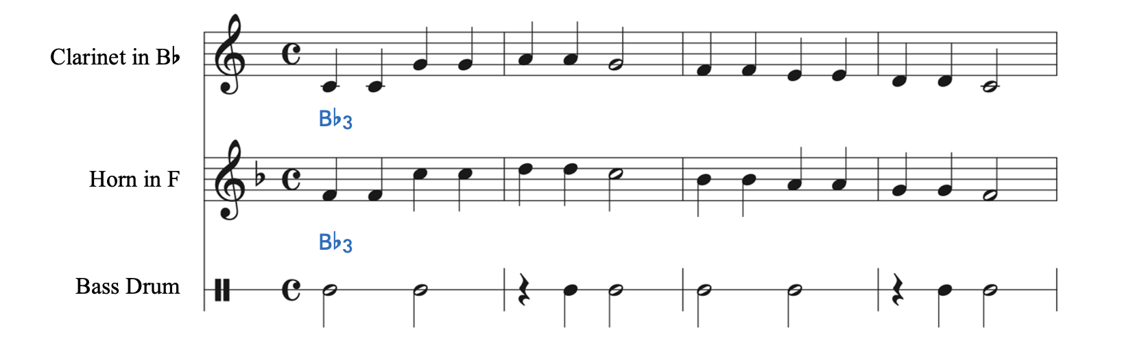 Twinkle, Twinkle Little Star with Clarinet in B-flat and horn in F in unison with bass drum